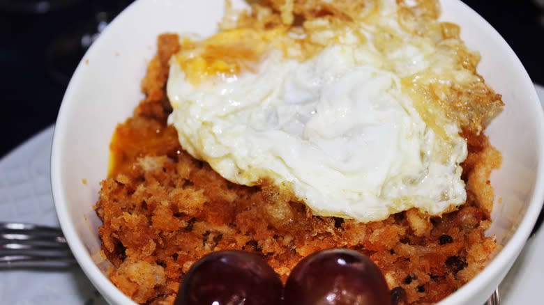 spanish migas with fried eggs