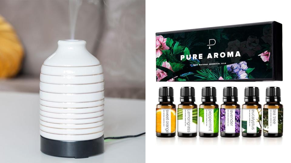 Add the Airomé Serenity Medium Diffuser and Pure Aroma Essential Oils to your bathroom for pleasant scents.