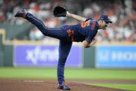 Houston Astros starting pitcher Justin Verlander follows through on a pitch during the first inning of a baseball game against the Oakland Athletics, Saturday, July 16, 2022, in Houston. (AP Photo/Eric Christian Smith)