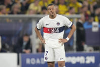 PSG's Kylian Mbappe reacts during the Champions League semifinal first leg soccer match between Borussia Dortmund and Paris Saint-Germain at the Signal-Iduna Park stadium in Dortmund, Germany, Wednesday, May 1, 2024. (AP Photo/Matthias Schrader)