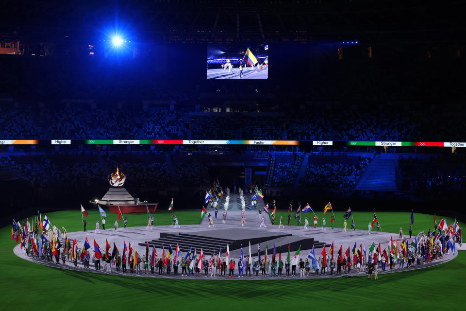 TOKYO, JAPAN - AUGUST 08: A view as the flag bearers of the competing nations enter the stadium during the Closing Ceremony of the Tokyo 2020 Olympic Games at Olympic Stadium on August 08, 2021 in Tokyo, Japan. (Photo by Leon Neal/Getty Images)