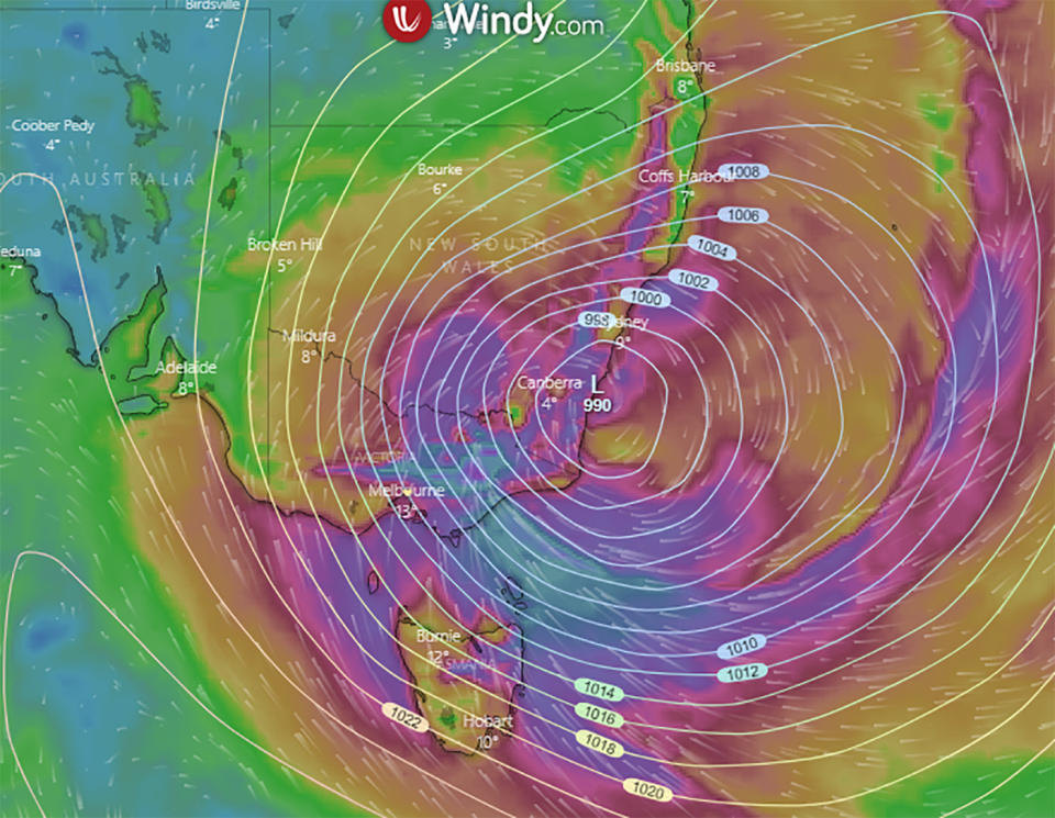 A map shows heavy wind hitting NSW and Victoria.