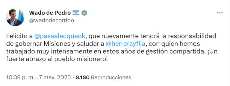 Eduardo de Pedro felicitó a Hugo Passalacqua por haber logrado su segundo mandato al frente de Misiones