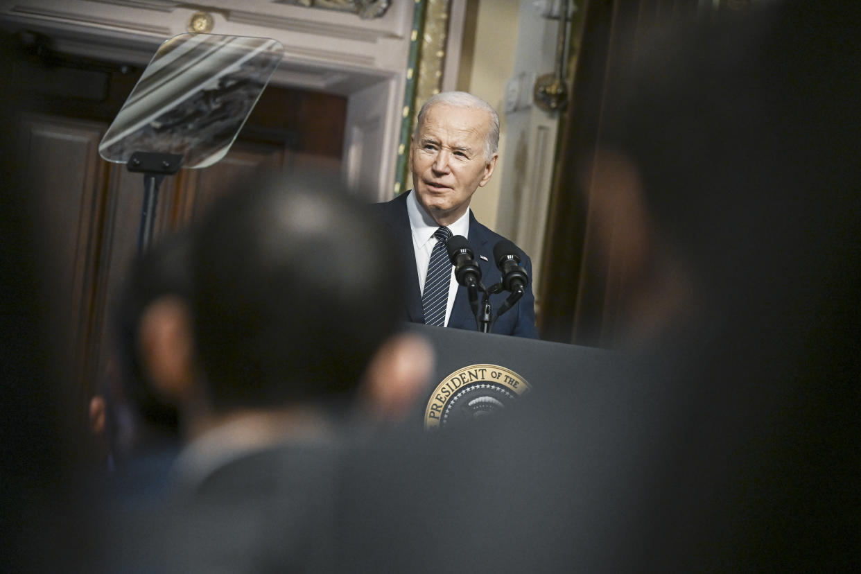 President Joe Biden delivers remarks at the White House in Washington, April 3, 2024. (Kenny Holston/The New York Times)