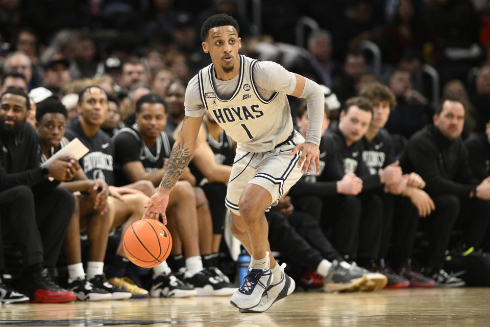 FILE - Georgetown guard Primo Spears (1) in action during the second half of an NCAA college basketball game against Providence, Sunday, Feb. 26, 2023, in Washington. Florida State coach Leonard Hamilton has brought in three transfers: Virginia Commonwealth forward Jamir Watkins, Georgetown guard Primo Spears and LaSalle's Josh Nickelberry, who was the Atlantic 10 Conference’s Sixth Man of the Year. (AP Photo/Nick Wass, File)