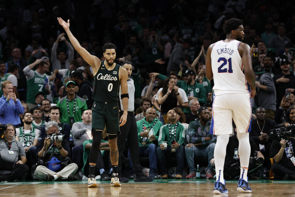 Jayson Tatum's Boston Celtics can clinch a top-two seed in the NBA's Eastern Conference playoffs with a victory against Joel Embiid's Philadelphia 76ers on Tuesday night. (Winslow Townson/USA Today Sports)