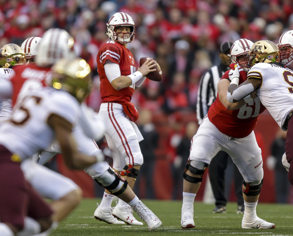 Wisconsin quarterback Alex Hornibrook dealt with symptoms related to a concussion in 2018 and missed the team’s bowl game. (AP Photo/Andy Manis)