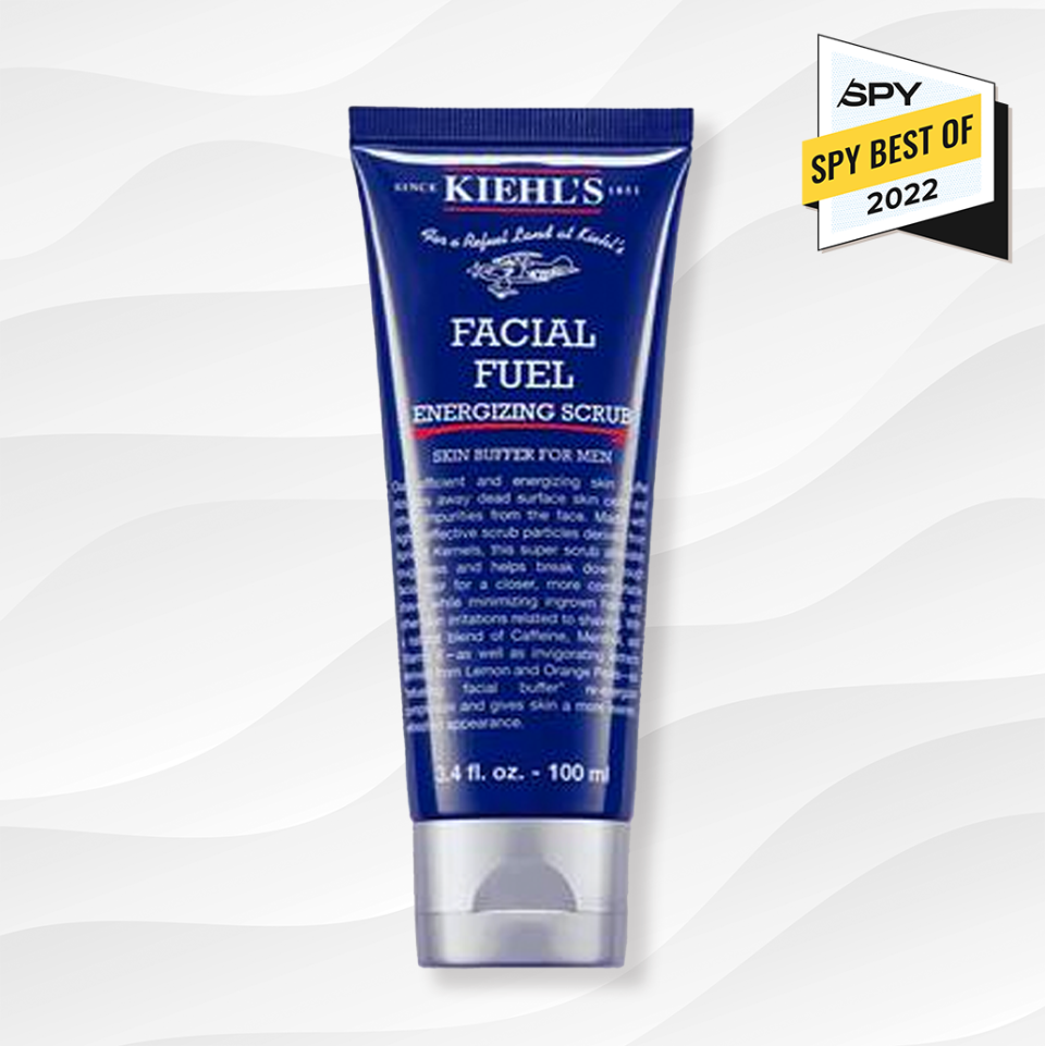 the Kiehl's facial fuel scrub against a white wavy background