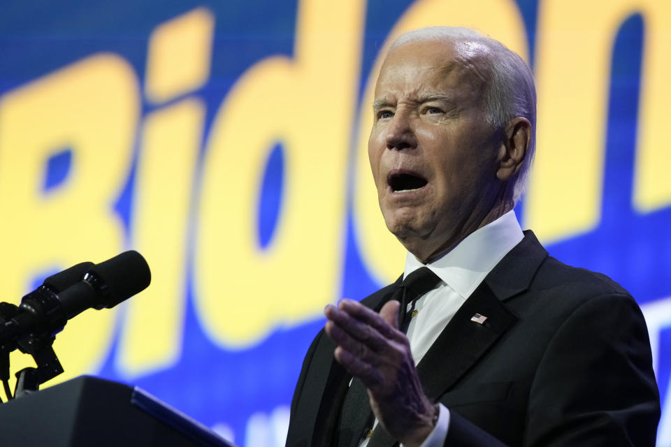 President Joe Biden speaks at the 2023 Human Rights Campaign National Dinner, Saturday, Oct. 14, 2023, in Washington. (AP Photo/Manuel Balce Ceneta)