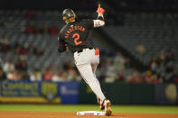 Baltimore Orioles' Gunnar Henderson runs the bases on a solo home run during the seventh inning of the team's baseball game against the Los Angeles Angels, Tuesday, April 23, 2024, in Anaheim, Calif. (AP Photo/Ryan Sun)