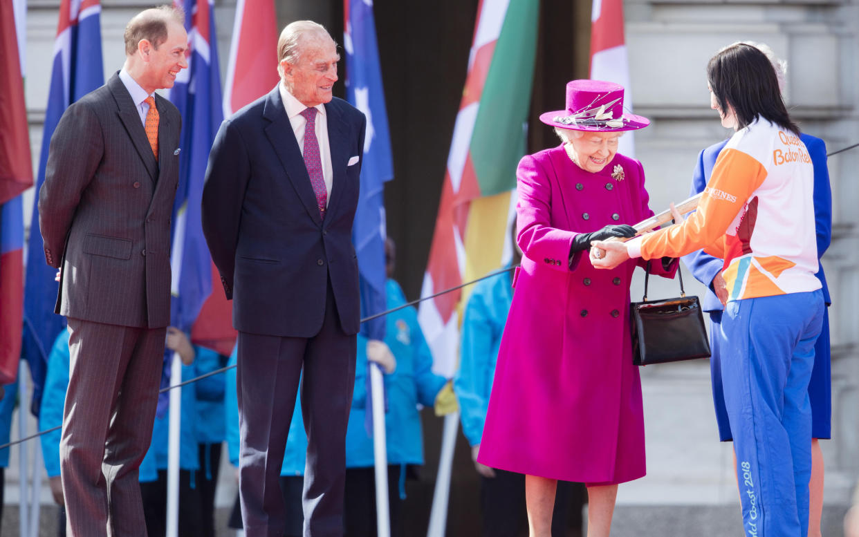 Queen Elizabeth hands the baton Anna Meares as she launches The Queen's Baton Relay for the XXI Commonwealth Games being held on the Gold Coast from 4th-15th April 2018 - Copyright (c) 2017 Rex Features. No use without permission.