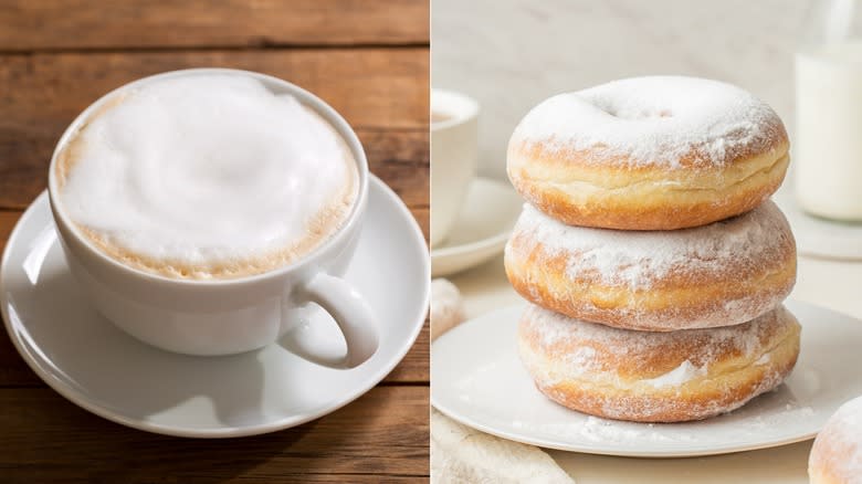 cappuccino stacked powdered sugar donuts