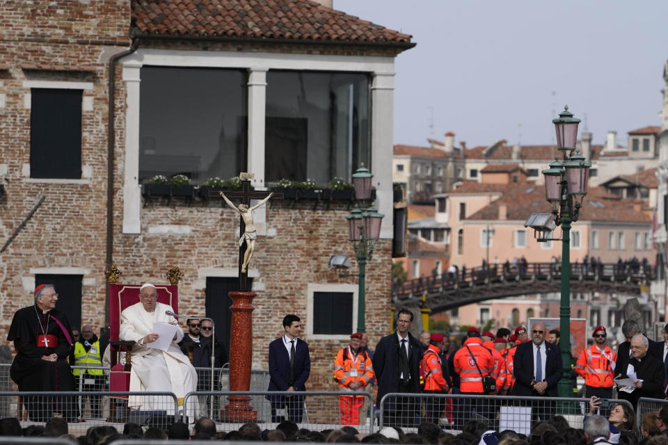 Pope Francis delivers his message as he meets with youths in Venice, Italy, Sunday, April 28, 2024. The Pontiff arrived for his first-ever visit to the lagoon town including the Vatican pavilion at the 60th Biennal of Arts. (AP Photo/Alessandra Tarantino)