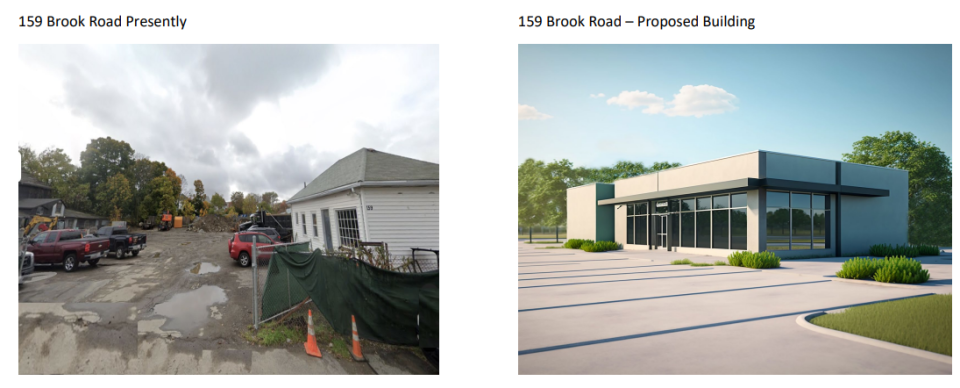 The property at 159 Brook Road in Quincy, left, and what it might look like if a Wildflower Cannabis pot shop is approved.