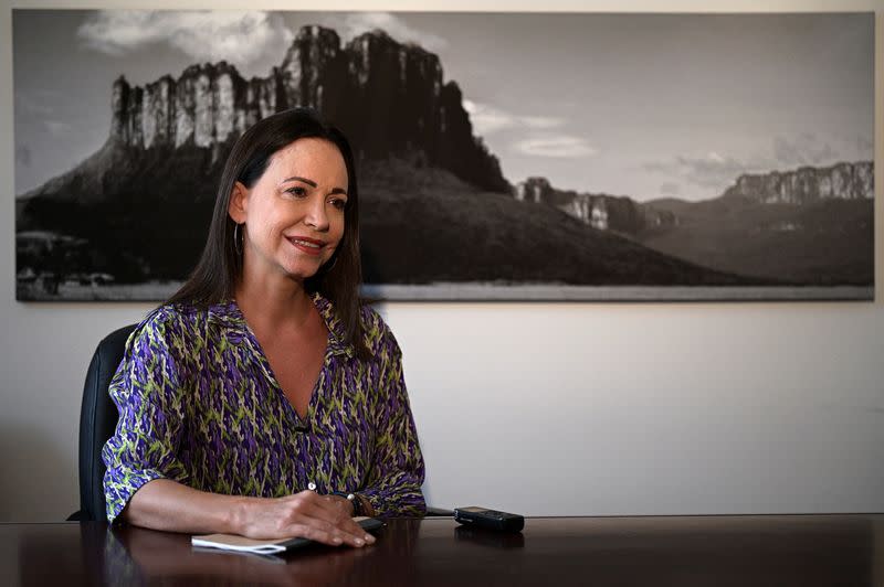 Venezuelan opposition leader Maria Corina Machado attends an interview with Reuters, in Caracas