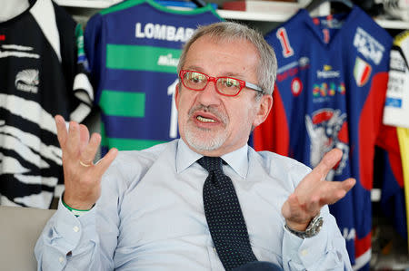 President of Lombardy Roberto Maroni gestures during an interview with Reuters journalist in his office in Milan, Italy, October 12, 2017. REUTERS/Alessandro Garofalo