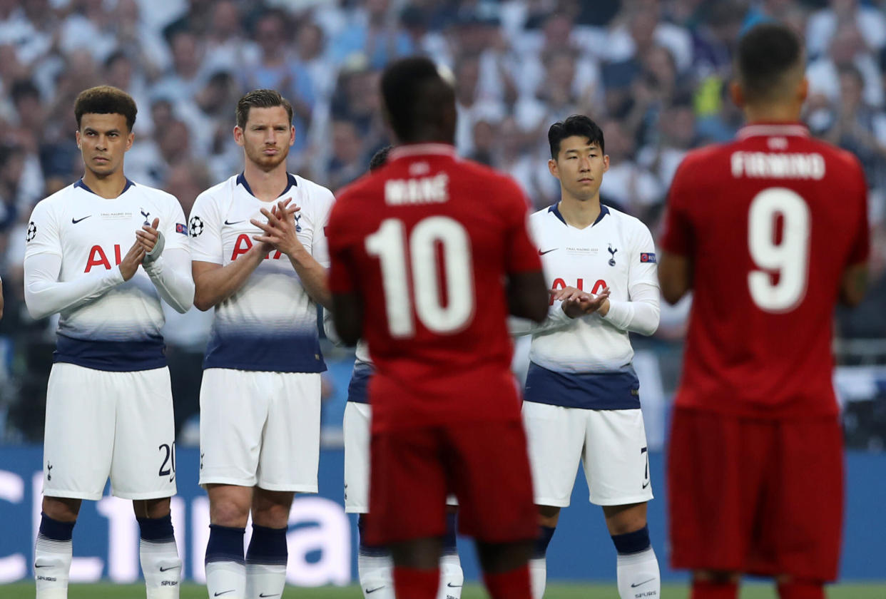 Tottenham and Liverpool observe a minute's silence in memory of Jose Antonio Reyes former Sevilla player during the UEFA Champions League Final Tottenham Hotspur Fc v Liverpool Fc at the Wanda Metropolitano Stadium in Madrid, Spain on June 1, 2019  (Photo by Matteo Ciambelli/NurPhoto via Getty Images)