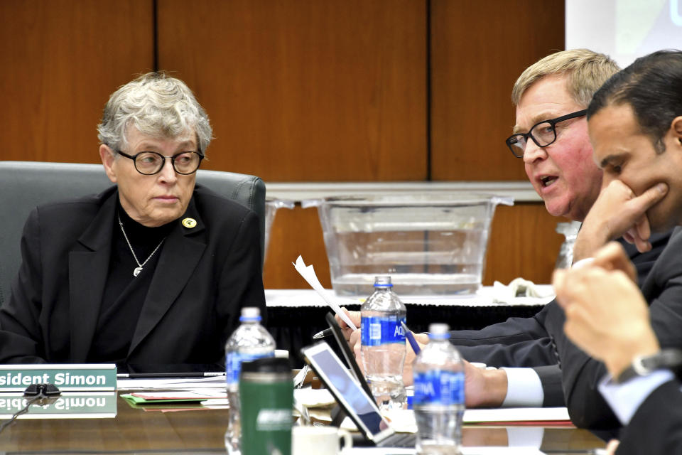 Not a single Michigan State official, including university president Lou Anna K. Simon, left, showed up for the first day of Larry Nassar’s sentencing. (AP)