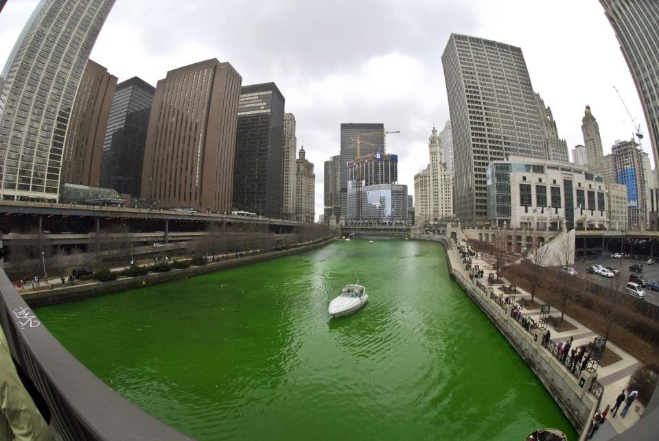 Every year, the Chicago River is dyed green for St. Patrick's Day.