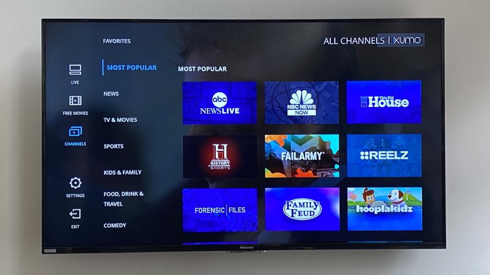 The Xumo home screen on a TV