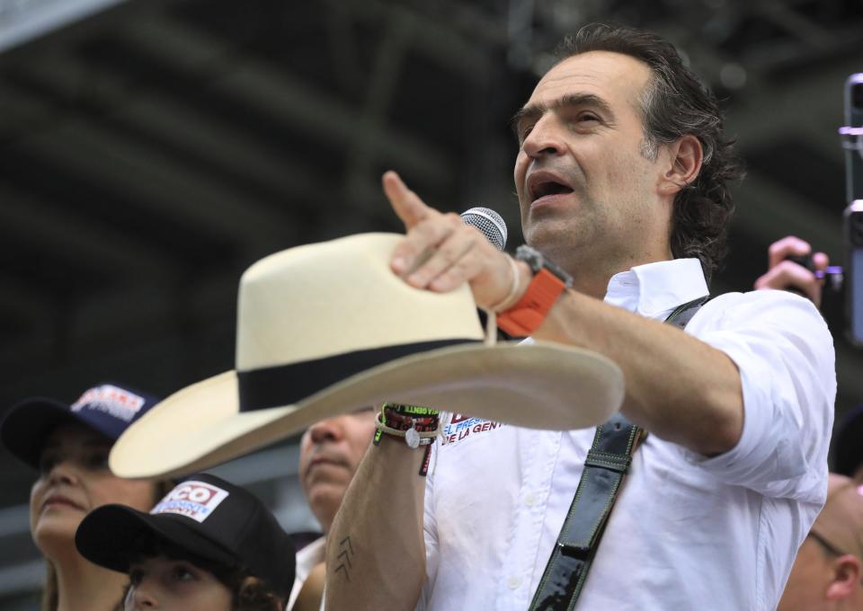 Federico Gutierrez, presidential candidate representing the Team for Colombia coalition, talks to his supporters during a closing campaign rally in Medellin, Colombia, Sunday, May 22, 2022. Elections are set for May 29. (AP Photo/Jaime Saldarriaga)