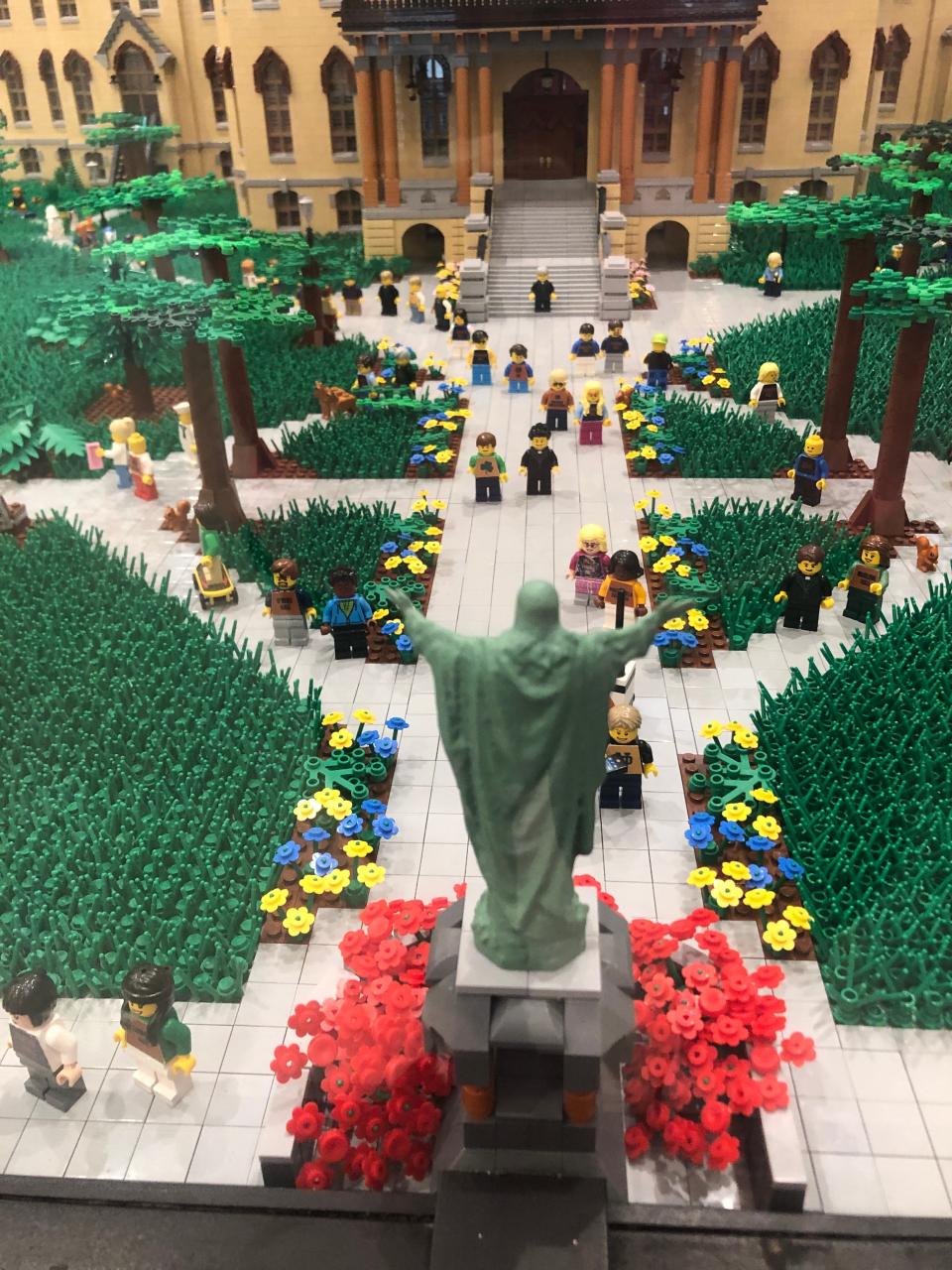 This view looks down on the quad near the University of Notre Dame's Administration Building made from 300,000 Lego bricks. A miniature of the university's president, the Rev. John Jenkins, stands on the steps.