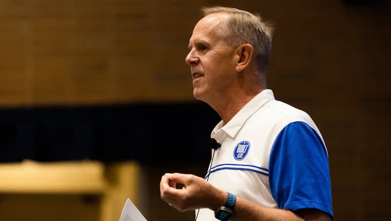 Tom Holmoe, athletic director at Brigham Young University, speaks as part of BYU’s Education Week at the Wilkinson Center on BYU’s campus in Provo on Wednesday, Aug. 23, 2023.