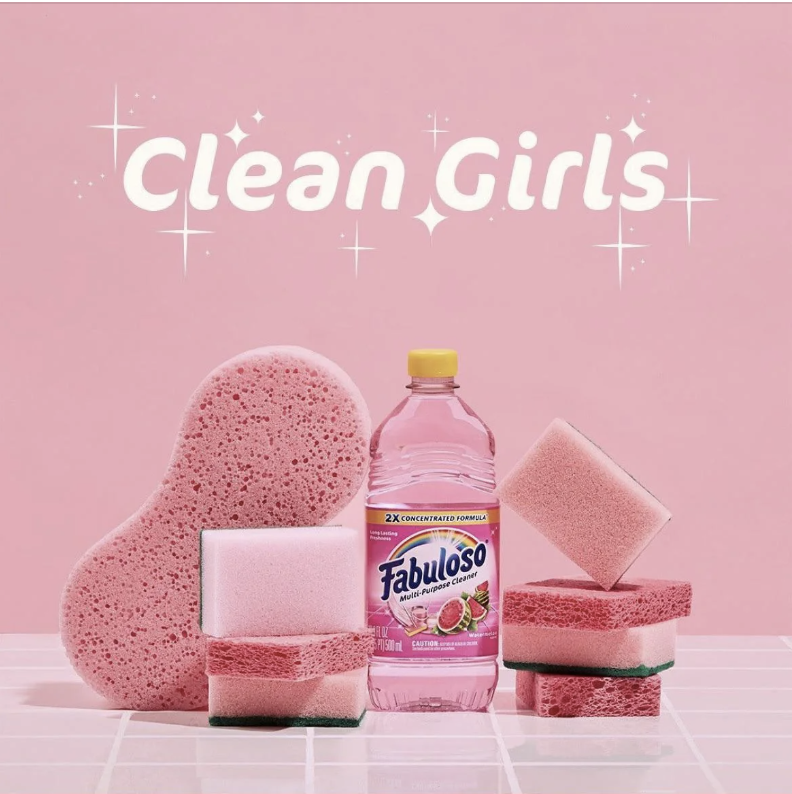 Advertisement for Fabuloso cleaner with the text 'Clean Girls' and various sponges