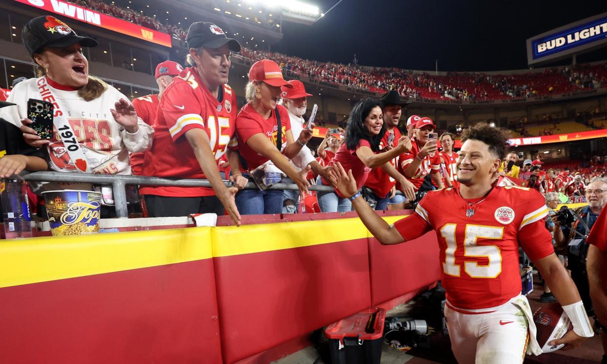 <span>Kansas City quarterback Patrick Mahomes is looking to guide the Chiefs to the first run of three straight NFL titles in the Super Bowl era.</span><span>Photograph: Christian Petersen/Getty Images</span>