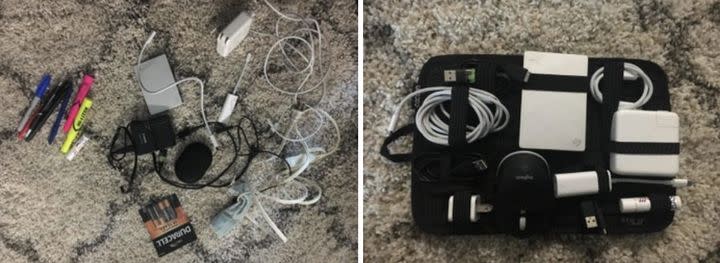 An elastic organizer to detangle the huge ball of cords and chargers tumbling around in your bag