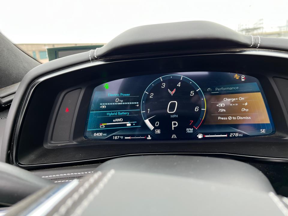 The 2024 Chevrolet Corvette E-Ray's displays have views highlighting performance and electric data.