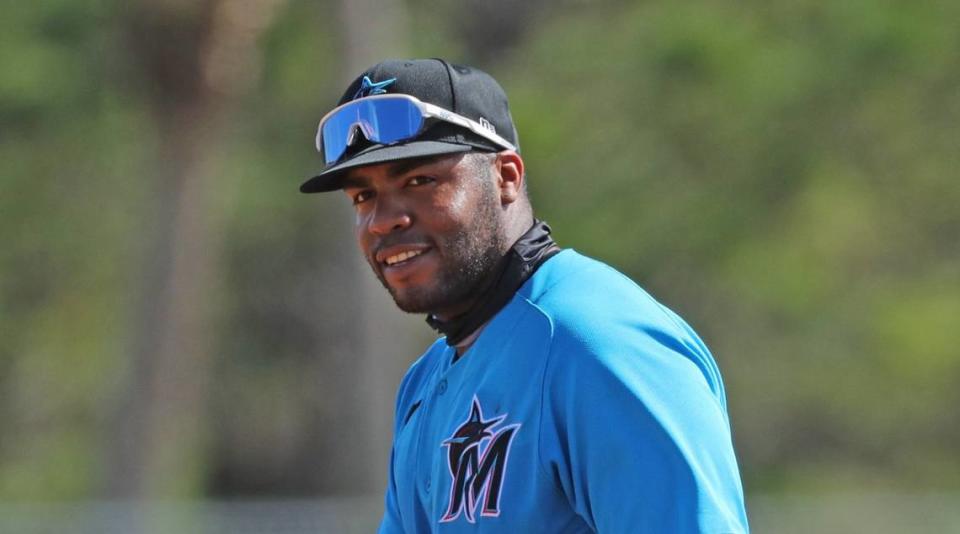 Miami Marlins first baseman Jesus Aguilar (24) looks on during Marlins spring training at the Roger Dean Chevrolet Stadium in Jupiter on Tuesday, February 23, 2021.