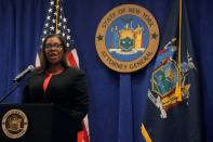 New York State Attorney General, Letitia James, speaks during a news conference, to announce a suit to dissolve the National Rifle Association, In New York