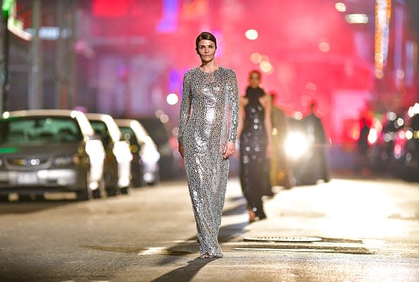 <div class="inline-image__caption"><p>Helena Christensen walks along 46th Street during the Michael Kors Fashion Show in Times Square on April 08, 2021 in New York City.</p></div> <div class="inline-image__credit">James Devaney/GC Images</div>