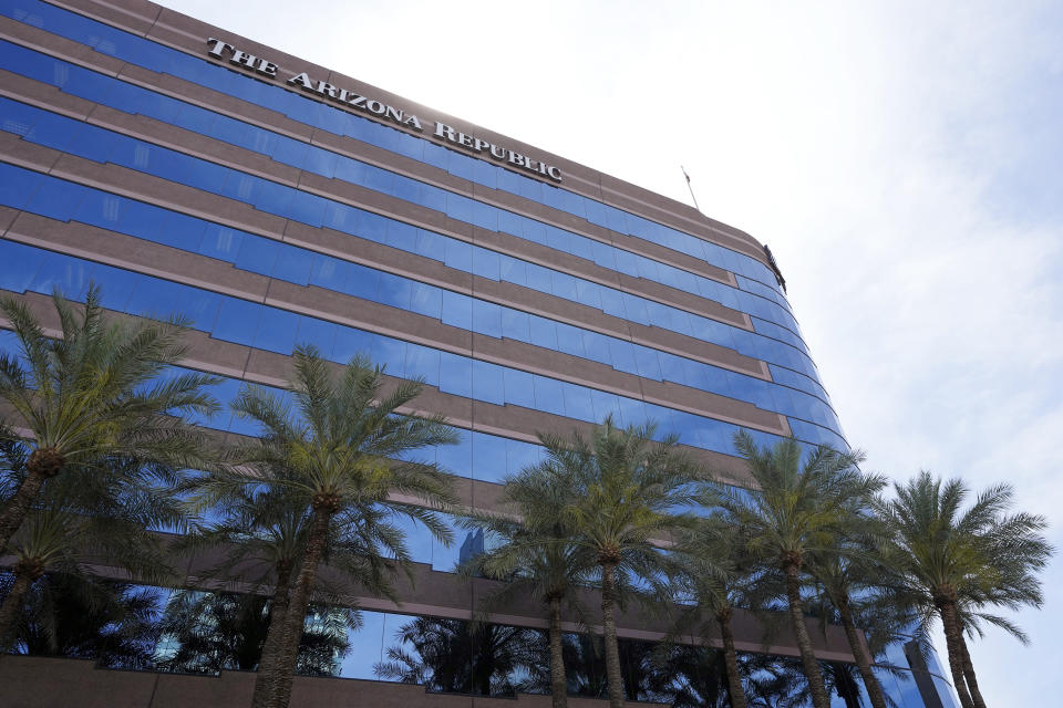 The Arizona Republic building is seen on Monday, June 5, 2023, in Phoenix. The strike against the parent company Gannett involves hundreds of journalists at newspapers in eight states, including the Arizona Republic. (AP Photo/Ross D. Franklin)