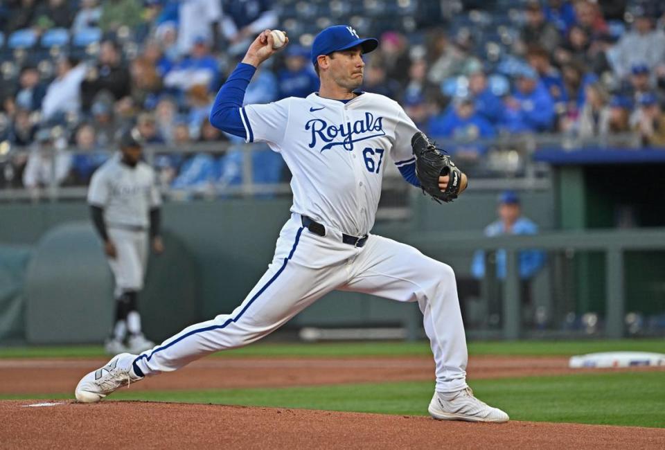 Kansas City Royals starting pitcher Seth Lugo (67) delivers a pitch in the first inning against the Chicago White Sox at Kauffman Stadium on April 4, 2024.