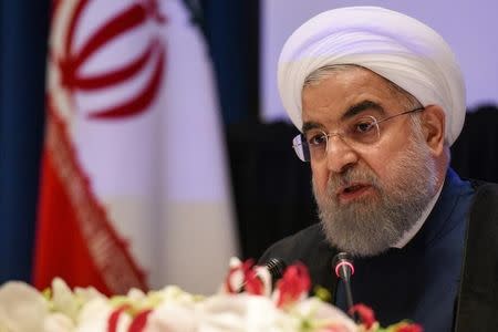 FILE PHOTO - Iran's President Hassan Rouhani delivers remarks at a news conference during the United Nations General Assembly in New York City, U.S. September 20, 2017. REUTERS/Stephanie Keith/File Photo