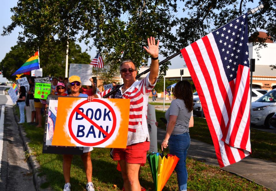 About 75 people showed up outside the Brevard County school board offices in Viera after the book review committee was put on pause during the summer in protest.