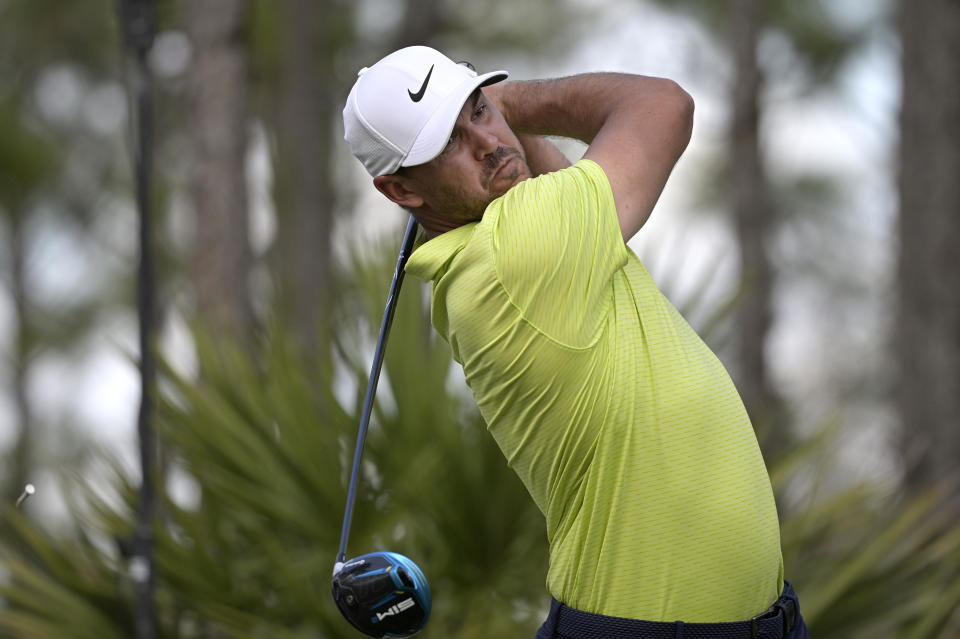 Brooks Koepka tees off on the second hole during the third round of the Workday Championship golf tournament, Feb. 27, 2021, in Bradenton, Fla. (AP Photo/Phelan M. Ebenhack)