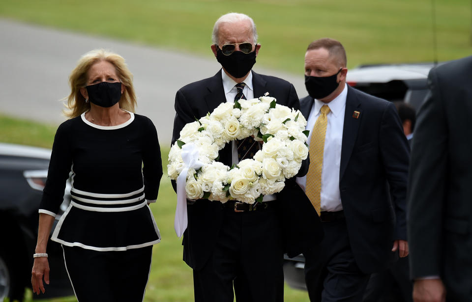 Former Vice President Joe Biden and his wife, Jill Biden, visit Delaware Memorial Bridge Veterans Memorial Park on Monday, May 25. (Photo: OLIVIER DOULIERY via Getty Images)