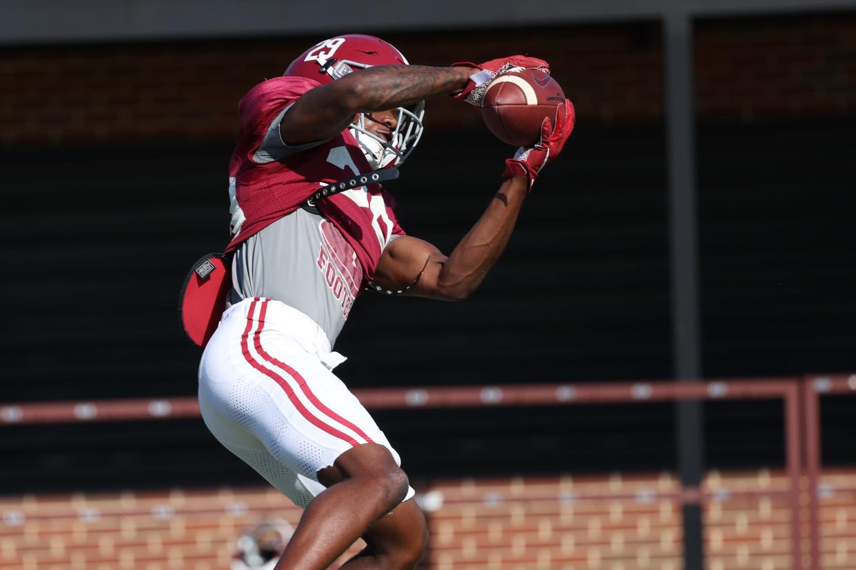 Alabama defensive back Dezz Ricks (29) catches the ball during practice at Thomas-Drew Practice Fields in Tuscaloosa, AL on Tuesday, Sep 19, 2023.