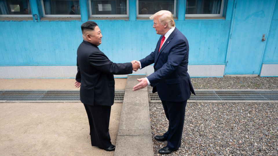 Trump shakes hands with Kim on June 30, 2019, as the two leaders meet at the Korean Demilitarized Zone. - Shealah Craighead/The White House