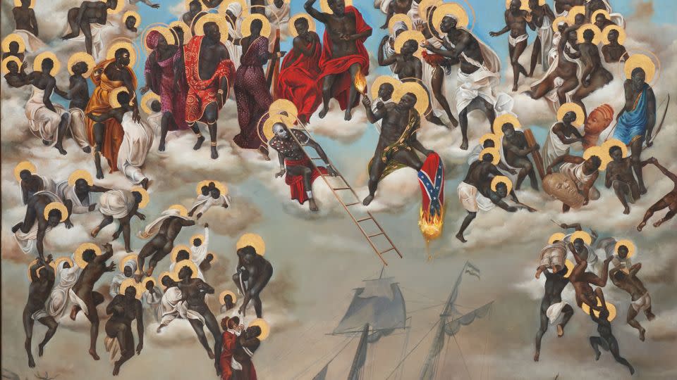 “I just switched it out to the burning of the flag because I wanted to have more of a positive — that this flag, that was putting us in a box and telling us what to do and what to believe in, is now being destroyed,” Rosales explained of her painting "The Last Judgment." - Lucy Garrett/Harmonia Rosales