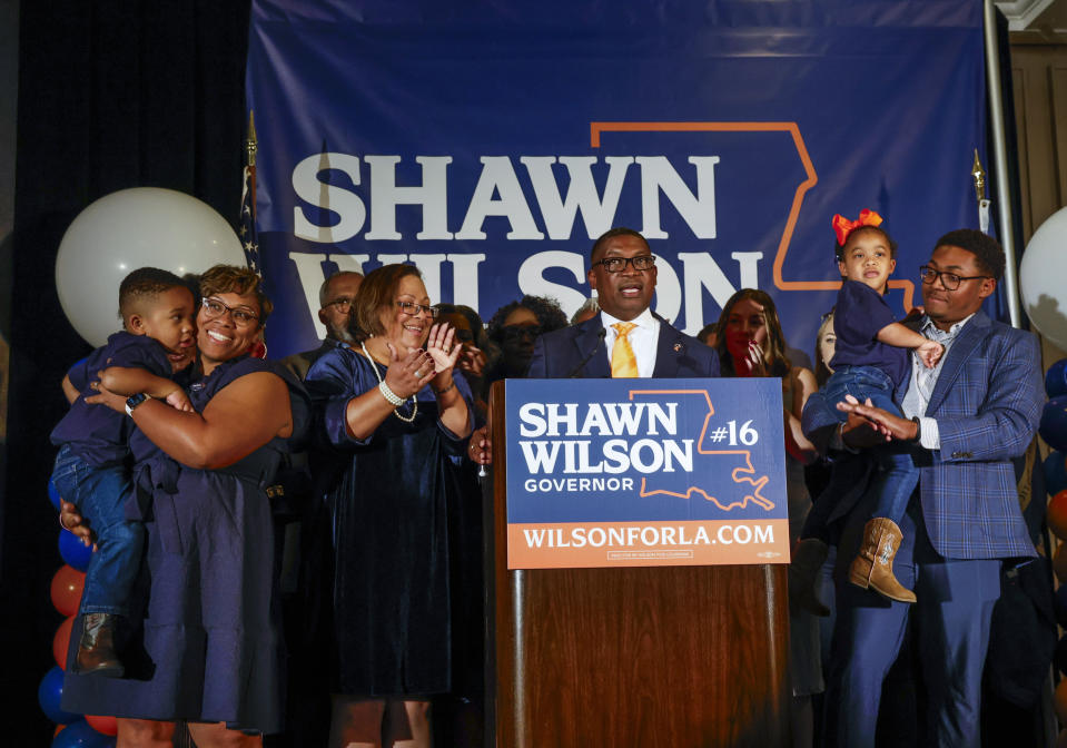 Shawn Wilson speaks after a loss to Jeff Landry in the Louisiana governors race during his election night party at the Westin in New Orleans, Saturday, Oct. 14, 2023. (Sophia Germer/The Times-Picayune/The New Orleans Advocate via AP)