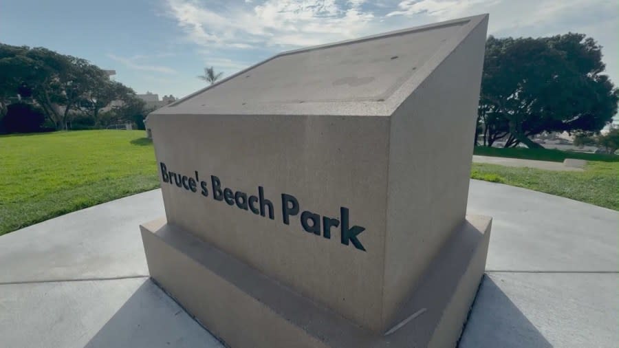 Thieves stole a large bronze plaque detailing the significant cultural history of Bruce's Beach Park in Manhattan Beach on Jan. 29, 2024. (KTLA)