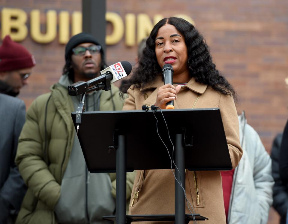 Monica Brooks, president of the Wicomico County Branch of the NAACP, speaks Thursday, Dec. 7, 2023, in front of the Government office building in Salisbury, Maryland about the voting rights lawsuit they are filing against Wicomico County.
