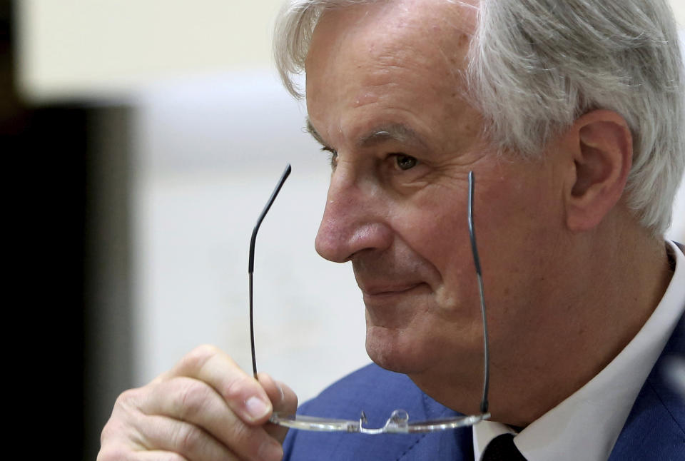 FILE - In this Monday, May 20, 2019 file photo, the European Union's chief Brexit negotiator Michel Barnier adjusts his glasses after talking to the media with Cyprus' foreign minister Nicos Christodoulides at the foreign ministry in Nicosia, Cyprus. Britain is due to leave the EU on Oct. 31, but Parliament has rejected the government's divorce deal with the bloc. The bloc insists it won’t change the 585-page withdrawal agreement, which sets out the terms of Britain’s departure and includes a transition period of almost two years to allow both sides to adjust to their new relationship. “This document is the only way to leave the EU in an orderly manner,” EU Brexit negotiator Michel Barnier told the BBC in an interview broadcast Thursday, July 18, 2019. (AP Photo/Petros Karadjias)