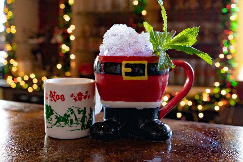 Cocktails are served in Christmas-themed glassware, mugs, cups and shot glasses, like Santa’s head or even Santa’s pants.