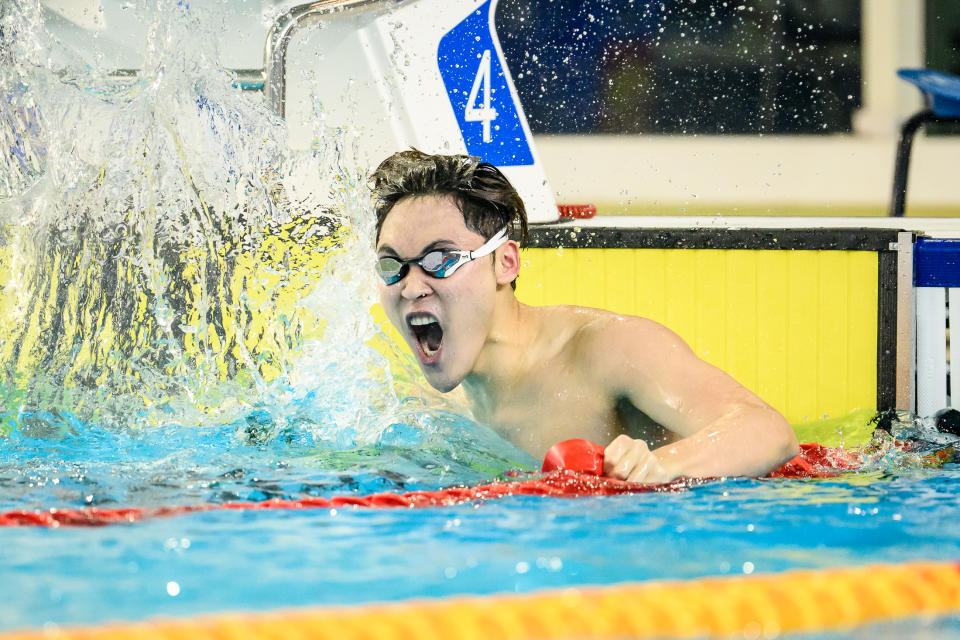 Singapore swimmer Maximillian Ang celebrates his victory in the men&#39;s 200m breaststroke final at the Hanoi SEA Games. (PHOTO: Sport Singapore/ Andy Chua)