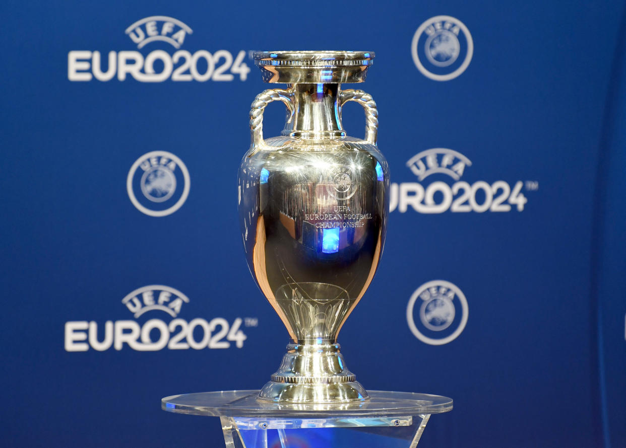 The European Championship trophy, to be contested at UEFA Euro 2024 from 15 June to 15 July 2024. 